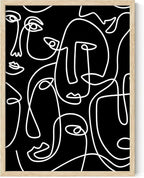 Abstract Face Pattern Wall Art Black Background White Continuous Line Drawing 12x16 Inch Oak Wood Beige Framed Modern Diverse Portrait for Living Room Decor