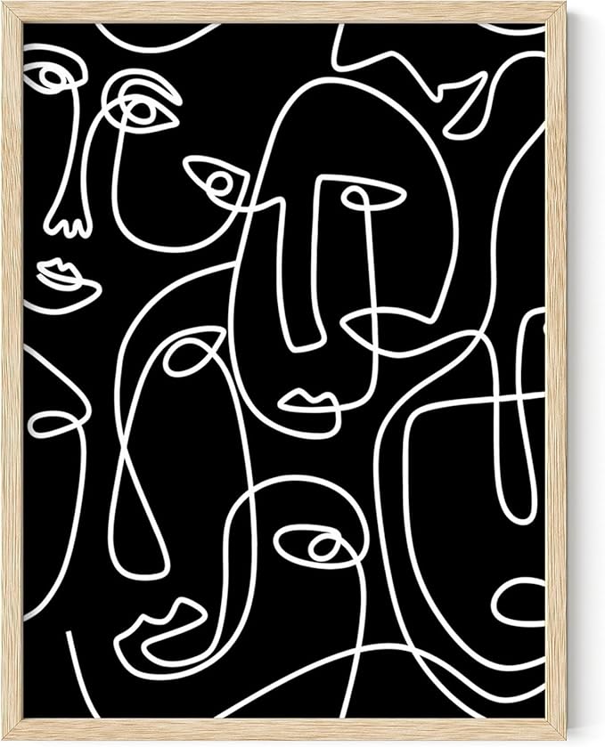 Abstract Face Pattern Wall Art Black Background White Continuous Line Drawing 12x16 Inch Oak Wood Beige Framed Modern Diverse Portrait for Living Room Decor
