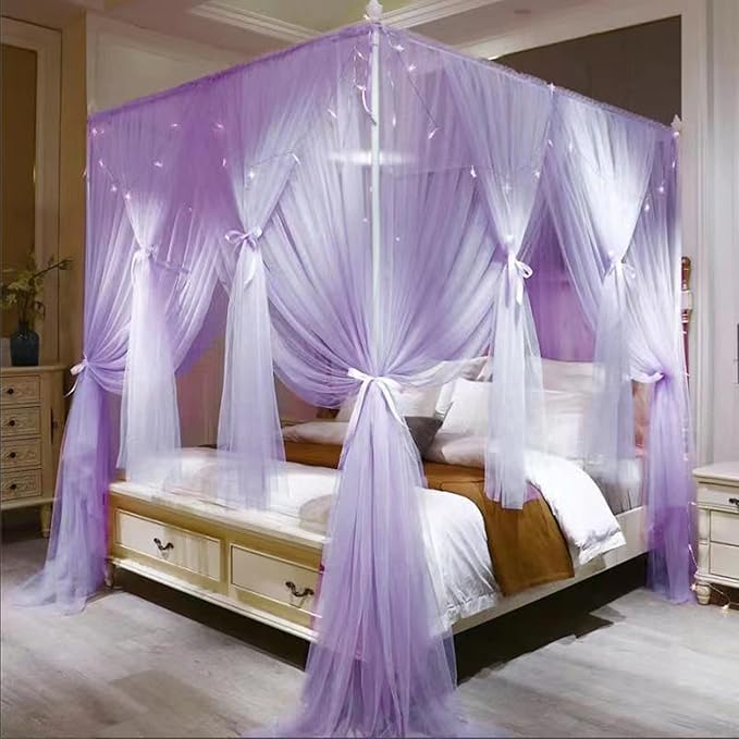 VETHIN 4 Corners Post Princess Bed Canopy Curtain Double Layer Cozy Drape Netting 4 Opening Mosquito Net for Girls & Adults Bedroom Decoration Accessories (Double Purple, 47" W*78" L*82"*H/Twin)