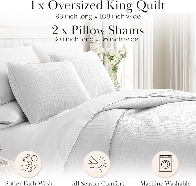 Southshore Fine Living, Inc. King Quilt Bedding Set with Shams, Coverlet Quilt King Size Bedspread, Luxury Bedding, Bed Spread for Kings/California Kings, Lightweight Quilted Comforter, White Quilts