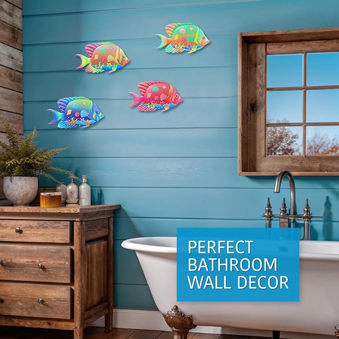 Oraytteo Metal Fish Outdoor Wall Decor, 4 Pack Sea Fish Wall Art Hanging Decorations for Indoor Outdoor Barthroom Fence Pool Patio Decor, Gift for Mom Dad Friends