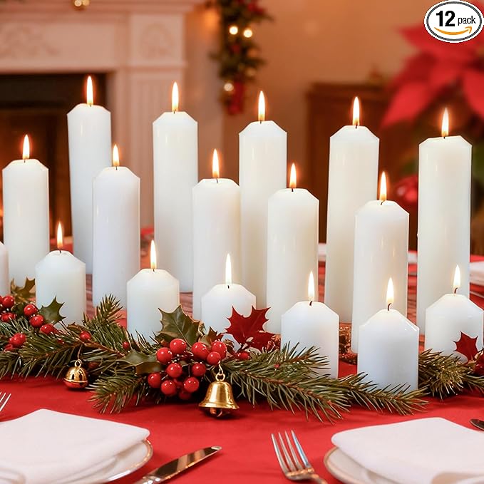 12 Pcs White Pillar Candles Bulk,2x3 2x6 2x8 Inch-4 Each Size,Large Christmas Pillar Candles Set of 3,Unscented Dripless Smokeless Hurricane Candles for Wedding Engagement Party Event Ceremony