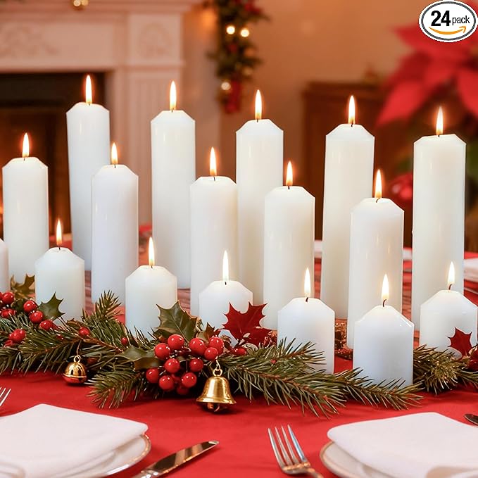 24 Pcs White Pillar Candles Bulk,2x3 2x6 2x8 Inch-8 Each Size,Large Christmas Pillar Candles Set of 3,Unscented Dripless Smokeless Hurricane Candles for Wedding Engagement Party Event Ceremony