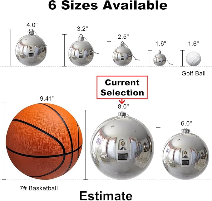 Silver 8.0" Extra Large Christmas Ornaments - Christmas Tree Decoration Balls Shatterproof Hanging Shiny Balls for Birthday Holiday Wedding Decorations Set of 2pcs