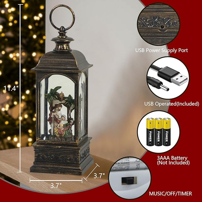 Eldnacele Nativity Music Snow Globe Lantern with 6 Hour Timer, Battery Operated & USB Powered Singing Lighted Lamp Swirling Water Glittering Christmas Decoration Holiday Decor Lantern