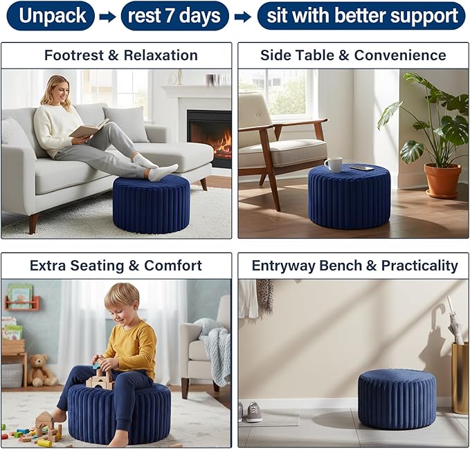 Tiita Round Stuffed Pouf Ottoman, Stripe Faux Fur Poufs with Foam Chunk Filling, Furry and Fluffy Pouf 21×21×12 inch Foot Stool Storage Ottoman,Puff Office Foot Rest for Couch Living Room, Navy Blue