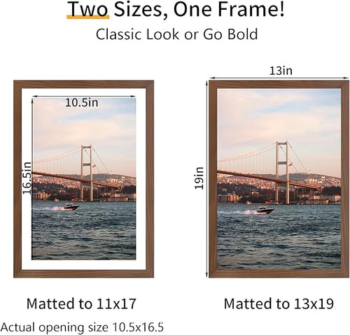 13x19 Picture Frame 3 Pack - Brown Poster Frame Display Pictures 11x17 with Mat or 13 x 19 Without Mat for Wall Hanging Horizontal and Vertical