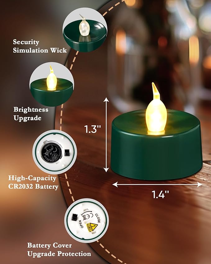 Green LED Candles, 12 Pack Tea Lights Candles Battery Operated, Flameless Tealight Candle, Realistic Tea Lights for Halloween Christmas Party Decor Mardi Gras