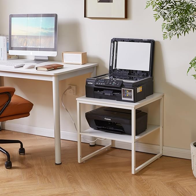 Living Room Large Side Table, End Table with Charging Station, Refrigerator Stand Printer Table with Adjustable Shelves, Office Square Coffee Table with USB Ports White YD-TM153WD