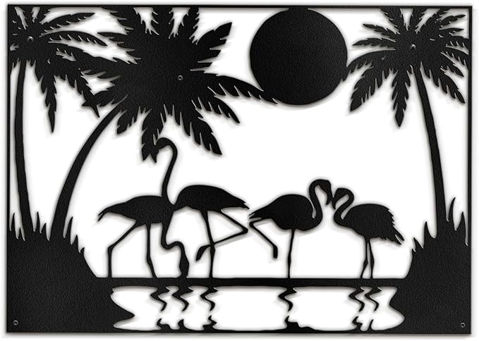 SIGNLEADER Metal Wall Art Moonlit Flamingos and Palm TreesDecor Modern Abstract Wall Sculpture Hangings Home Decoration for Living Room, Bedroom, Bathroom, Kitchen, Outdoor - 30" Black
