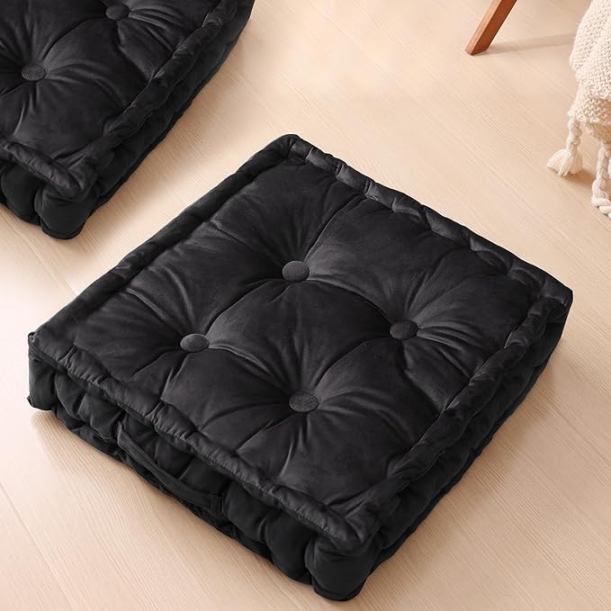Square Floor Pillows, Large Floor Cushion for Adults Kids, Meditation Floor Pillow Seating Cushion with Shredded Memory Foam and Silk Wadding, 20"x20"x5" (Black, 2 Pack)