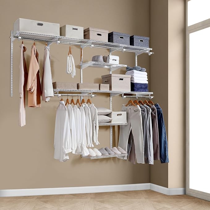 Homde Closet Organizer System Wall Mounted, 4-8 Ft. Adjustable and Expandable Metal Wire Shelving , Custom DIY Wardrobe Kit with Shelf, Clothes Hanging Rods,White