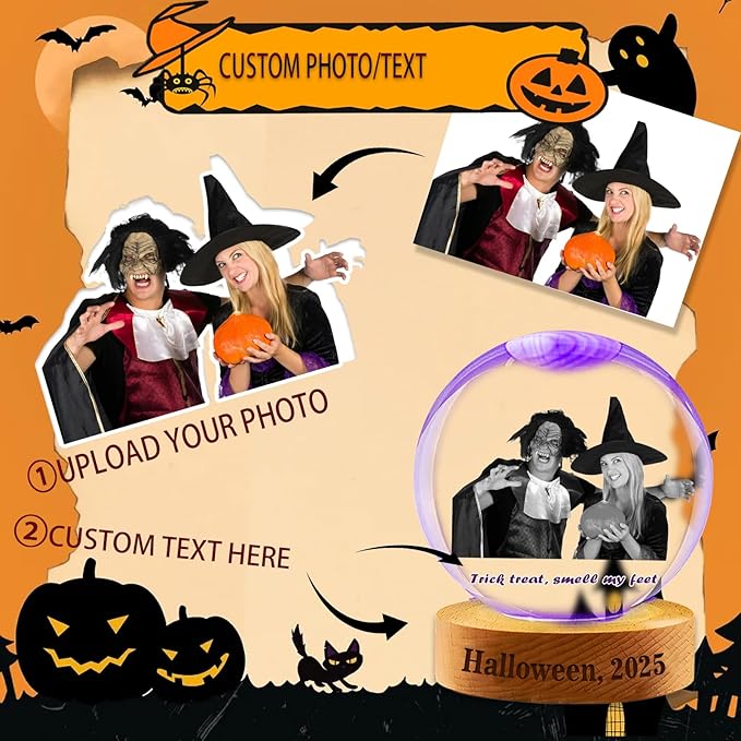 Customizable Halloween Crystal Ball Engravable Photo Text Personalized Luminous Snow Globe Suitable for Halloween Party Decorations to Create A Spooky Atmosphere
