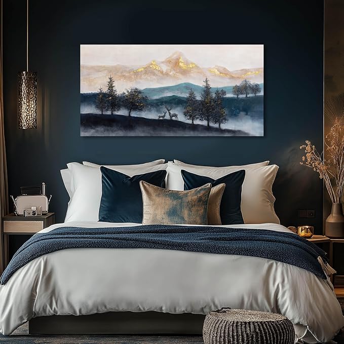 GAIDUOMAI Mountain Canvas Wall Art Gold and Blue Painting Pictures Animals Prints for Wall Decor 24x48 Inch Poster for Living Room Bedroom Home Hanging Decor