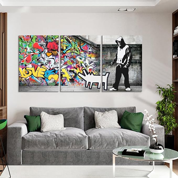 Novatique Classic Graffiti Wall Art Banksy Canvas Wall Art Street Pop Art Framed Ready to Hang Colorful Graffiti Picture Wall Decor for Living Room Bedroom, 20" x 28" x 3Pcs