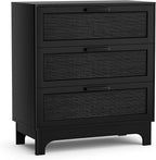 Anmytek 35" H Black Rattan Dresser, Farmhouse 3 Drawer Dresser with Natural Rattan Spacious Chest of Drawers for Living Room, Nursery, Hallway H0096