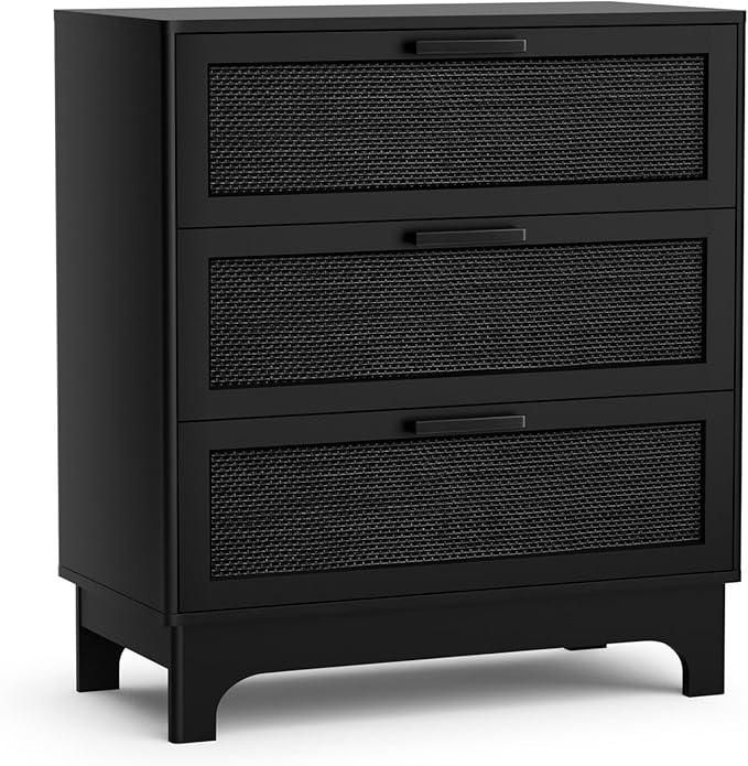 Anmytek 35" H Black Rattan Dresser, Farmhouse 3 Drawer Dresser with Natural Rattan Spacious Chest of Drawers for Living Room, Nursery, Hallway H0096