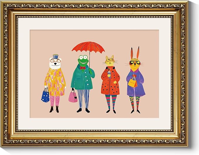 ARPEOTCY Framed Canvas Wall Art, 11x14 Whimsical Animal Family Illustration, Storybook Style Wall Decor for Nursery, Kids Room & Playroom