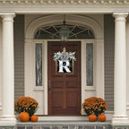 Ultra Large 14'' Last Name All Year Round Front Door Wreath with 26 Initial Letter Welcome Sign All Seasons Eucalyptus Garland and Bow Wreaths for Front Door Porch Farmhouse Decoration (R)
