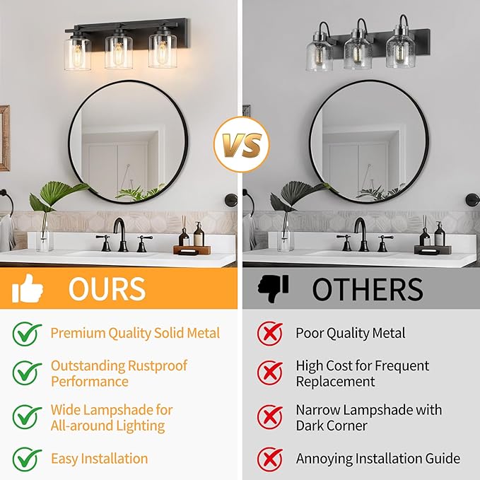 3 Light Modern Bathroom Light Fixtures Over Mirror, Black Vanity Lights for Bathroom Wall Sconces with Clear Glass Shades, E26 Socket (Bulbs Not Included)