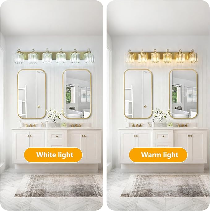6-Lights Brushed Brass Bathroom Light Fixture Gold Vanity Lights Modern Crystal Bathroom Vanity Lighting Over Mirror Wall Sconce with K9 Crystal Shade E26 Base for Living Room, Bedroom Wall Lamp