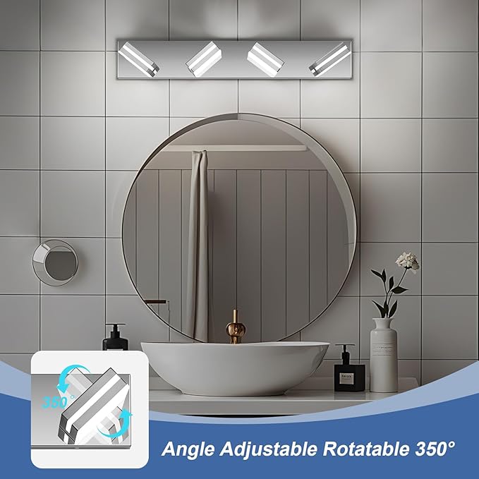 Modern LED Bathroom Lights Fixtures(4-Light),Stainless Steel Chrome Acrylic Wall Lighting,Vanity Lights for Bathroom Over Mirror(6000k 27in)