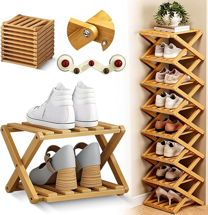 The 9-Tier No-Assembly Bamboo Rack, 2026 Upgraded Foldable 9 Tier Bamboo Corner Shoe Rack, Space-Saving Organizer for Shoes, No Assembly Narrow Shoe Shelf for Entryway Closet Dorm (Yellow, 2 Layers)