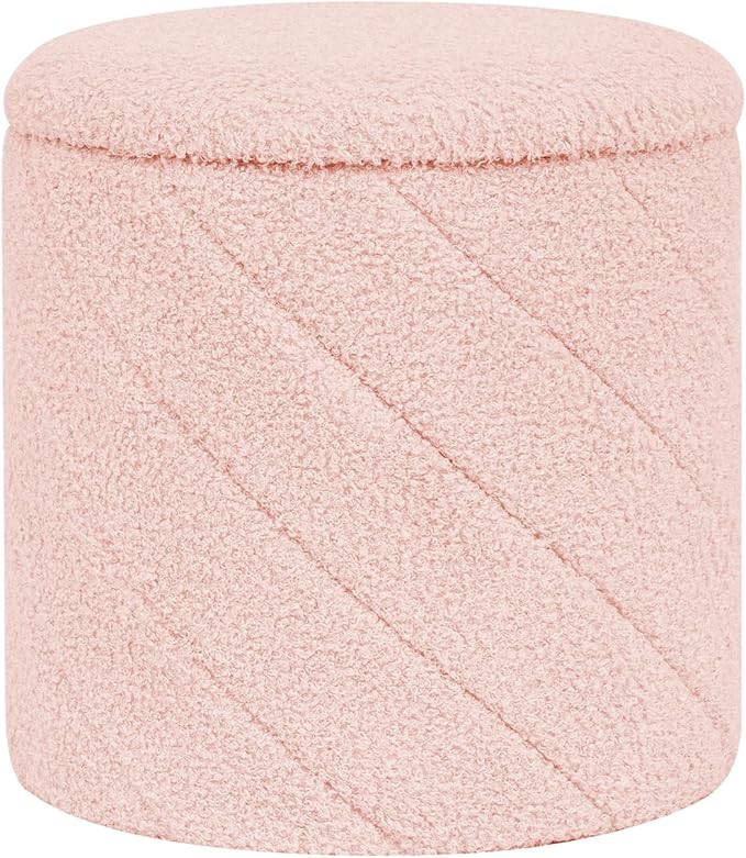 Round Ottoman with Storage, Boucle Foot Rest Stool with Reversible Tray Lid, Folding Teddy Ottoman Coffee Table for Dorm Living Room Bedroom Entryway, Pink,13" x 13" x 13.8"