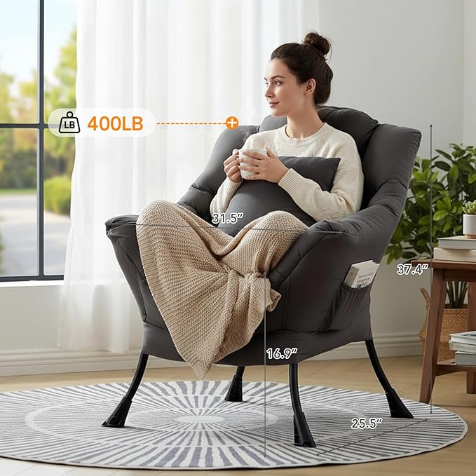 Lazy Chair for Living Room, Large Dark Grey Lounge Accent Chair with a Throw Pillow, Leisure Sofa Chair Set, Comfy Reading Chair for Bedroom, Dorm Room, Office
