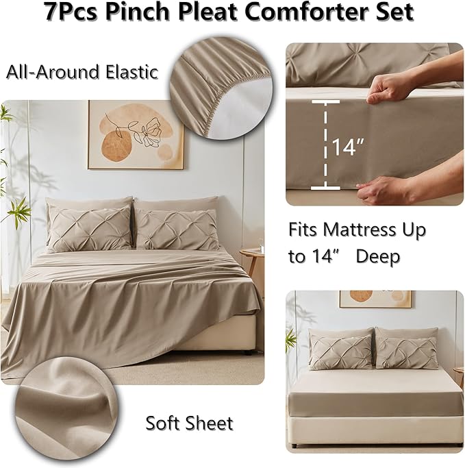 CozyLux Queen Comforter Set Khaki, 7 Pieces Pintuck Bed in A Bag, Premium Khaki Comforter Queen Size, Pinch Pleat Bedding Sets with Comforter, Sheets, Pillowcases & Shams