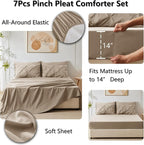 CozyLux King Size Comforter Set Khaki, 7 Pieces Pintuck Bed in A Bag Khaki Comforter King Size, Pinch Pleat Bedding Set with All Season Comforter, Sheets, Pillowcases & Shams