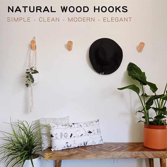 Wood Wall Hooks, 3 Pack Rustic Coat Hook Wall-Mounted, Decorative Hooks for Hanging Coats Hats Towels Robes Hat Rack for Wall (Beech Wood)