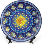 Ceramic Display Plate, Astrology Ceramic Hanging Decorative Plate, Horoscope Circle Sun Birth Zodiac Constellation, 8 Inch, Household Custom Ceramic Plate, Yellow Orange Dark Blue