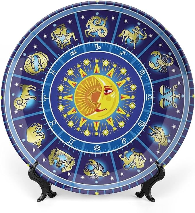 Ceramic Display Plate, Astrology Ceramic Hanging Decorative Plate, Horoscope Circle Sun Birth Zodiac Constellation, 8 Inch, Household Custom Ceramic Plate, Yellow Orange Dark Blue