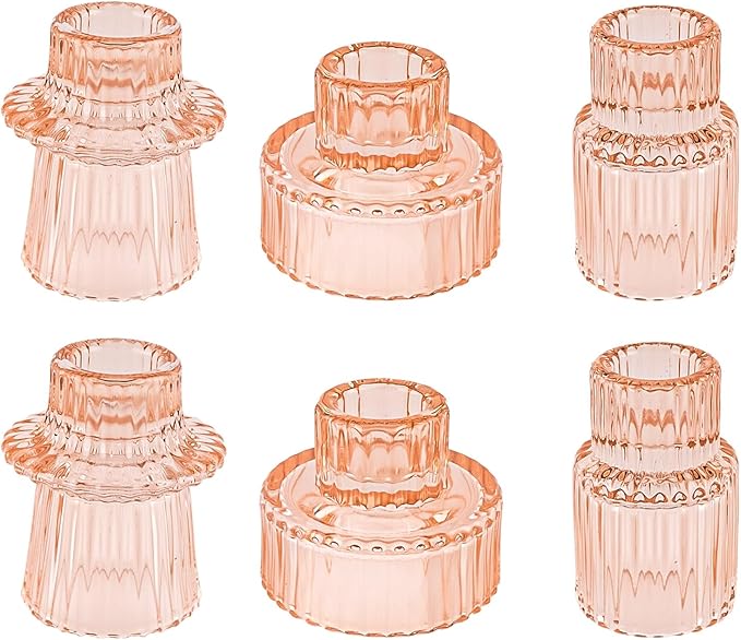 Double Sided Vintage Ribbed Taper Glass Candle Holders,Tea Candle Holder for Table Centerpieces, Wedding Decorations and Dinner Parties (Orange Pink, 6 PCS)