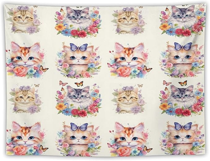 VUMIVI Watercolor Flower Cat Tapestry Colorful Cartoon Cute Animals Butterflies Abstract Art Print Tapestry Wall Hanging for Living Room Bedroom Dorm Classroom Aesthetic Decor W40xL30in
