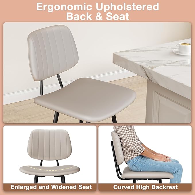 29-Inch Leather Bar Stools Set of 3, Counter Height Barstools with High Backrest，Bar Chairs for Kitchen Island with Heavy Duty Metal Legs, Beige