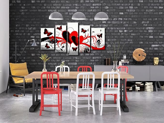 Wieco Art Red Flower Love Butterfly Abstract Oil Paintings on Canvas Wall Art Ready to Hang for Living Room Bedroom Home Decorations Modern 5 Panels Stretched and Framed 100% Hand Painted Artwork