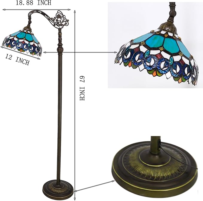 Tiffany Floor Lamp Stained Glass Lamp 18.88X12X67 Inch Angle Adjustable Arched Gooseneck Antique Reading Light (Blue Jewelry Baroque)