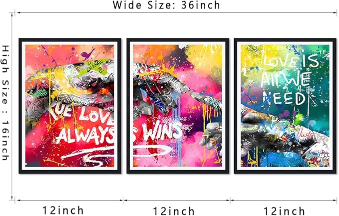 Novatique Banksy Canvas Wall Art Graffiti Street Print Pictures Hand Heart Pop Art Posters Hand Of God Graffiti Art Painting Framed for Living Room Bedroom,12" x 16" x 3Pcs