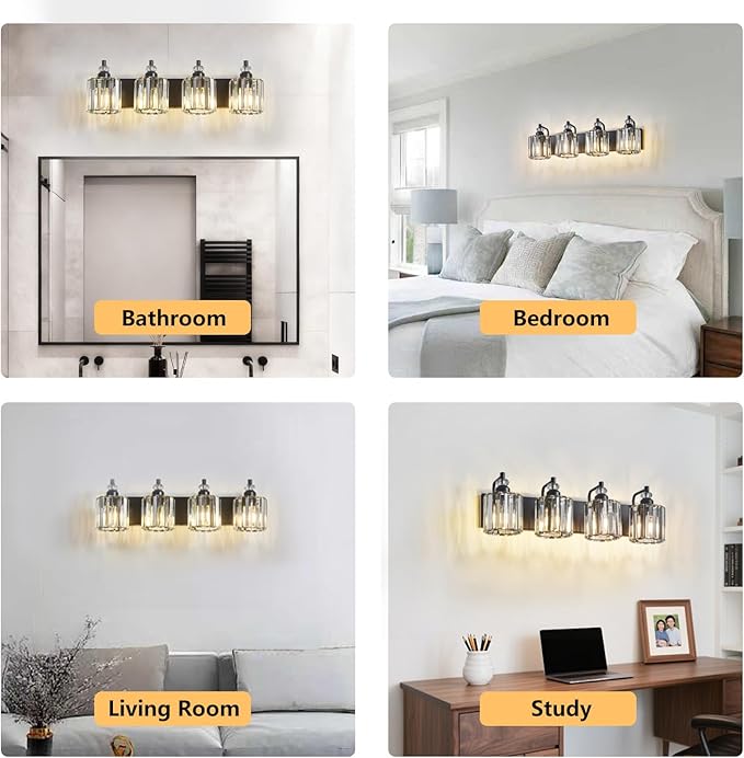 4-Light Black Bathroom Light Fixtures Over Mirror Modern Vanity Lights Crystal Wall Sconce Vintage Bathroom Lighting with Crystal Shade E26 Base for Bedroom, Living Room, Hallway
