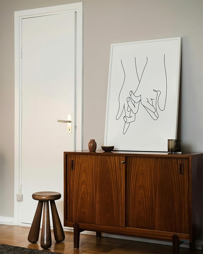 Holding Hands Wall Art Interlocking Fingers Continuous Line Drawing Love Connection 24x36 Inch Oak Wood White Framed Modern Romance Print for Bedroom
