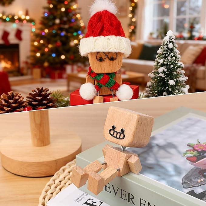 Shaking Wooden Man Figurine,12PCS Magnetic Changeable Faces, Handmade Shaking Feet Wooden Doll for Car Dashboard Decorations,Funny & Creative Christmas Desktop Office Desk Decor (A)