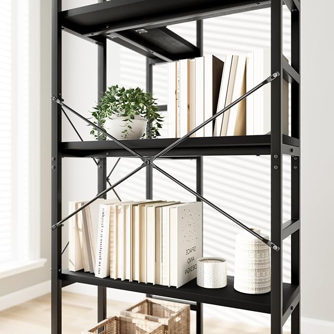 NUMENN 5 Tier Corner Bookshelf, Wood and Metal Bookcase Storage Shelf, Tall Corner Cabinet for Living Room, Bedroom, Home Office and Kitchen, Black