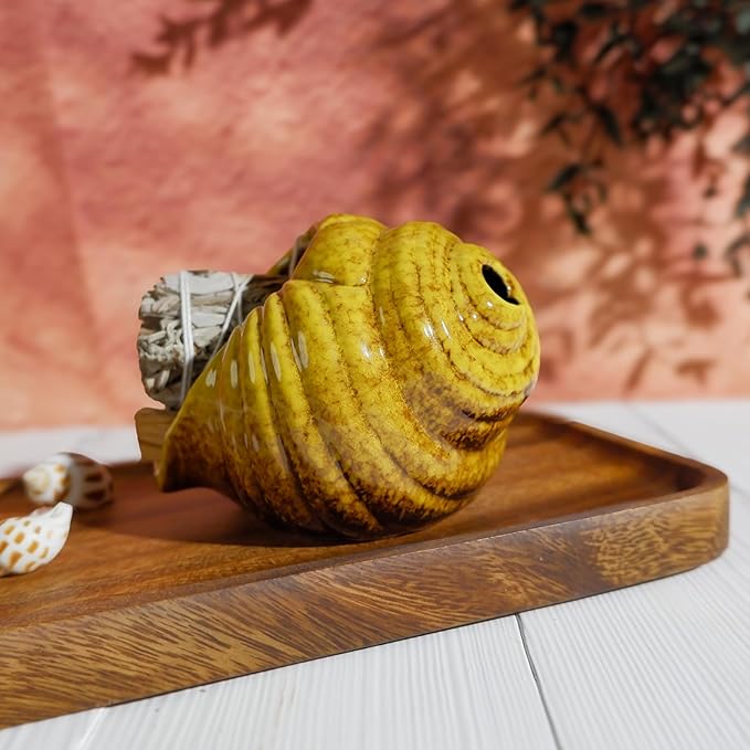 Yellow Ceramic Conch Palo Santo Holder - Mini Chimney Incense Burner, Tabletop Smudge Bowl Compatible with Sage/Sticks/Cones/Copal,for Yoga、Zen Meditation、Witchcraft, Ideal Altar Decor Gift