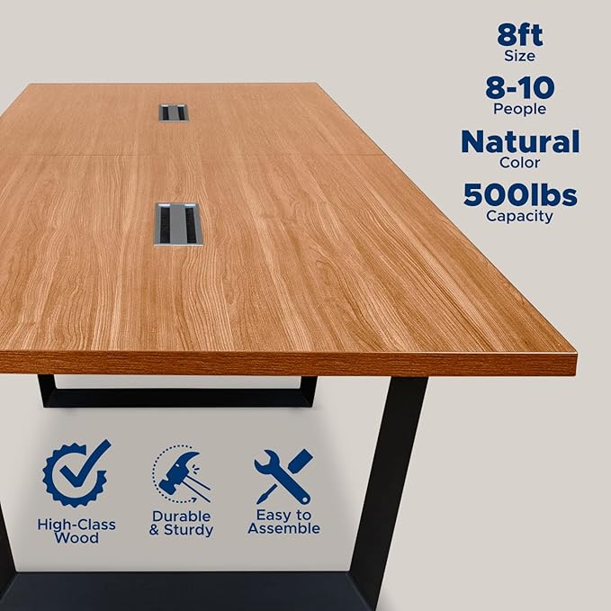 Sturdy Conference Table with Cable Management Grommets Modern Rectangle Office Meeting Table with Wood Tabletop and Metal Frame & Legs- Easy Assembly Boardroom Table (Natural, 8 Foot)