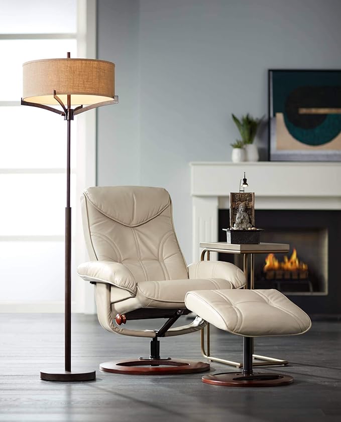 Franklin Iron Works Tremont Modern Mid Century Floor Lamp Standing 62" Tall Deep Bronze Metal Tan Burlap Drum Shade for Living Room Reading Bedroom Office House Home Decor