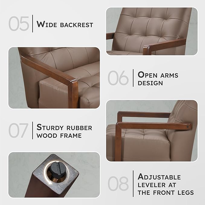 Lexicon Modern Accent Chair, Luxury Genuine Leather Match Living Room Chair with Tufted Cushions, Solid Wood Frame and Arm Rest, Comfy Upholstered Single Seat for Bedroom/Reading/Office, Brown
