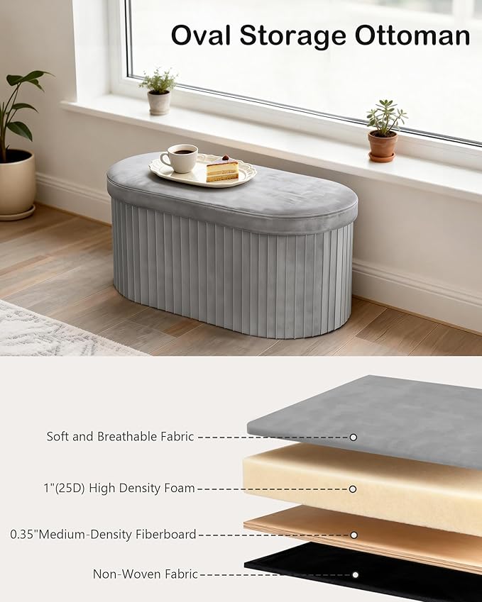 GLAXYFUR Oval Storage Ottoman Bench, Velvet Foot Rest, 30 Inch Folding Chest for Living Room, Bedroom, Grey
