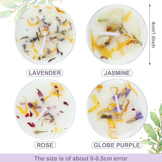 Honoson 12 Pcs Scented Tealights Dried Flower Candles Wedding Bridesmaid Gift 4 Floral Scents Jasmine Lavender Rose and Globe Purple 8-hour Smokeless Tealight Candles for Wedding Bridal Shower Spa